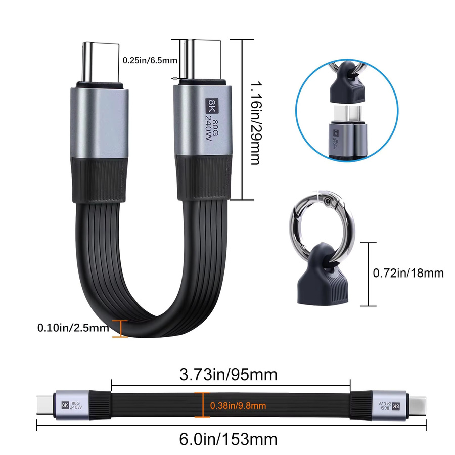 LIEI USB-C-Kabel Thunderbolt 5 mit Schlüsselanhänger, USB4.0, 240W PD Schnellladung, 80Gbps Datenübertragung, 8K@60Hz Videoanzeige, Schwarz - Bild 4