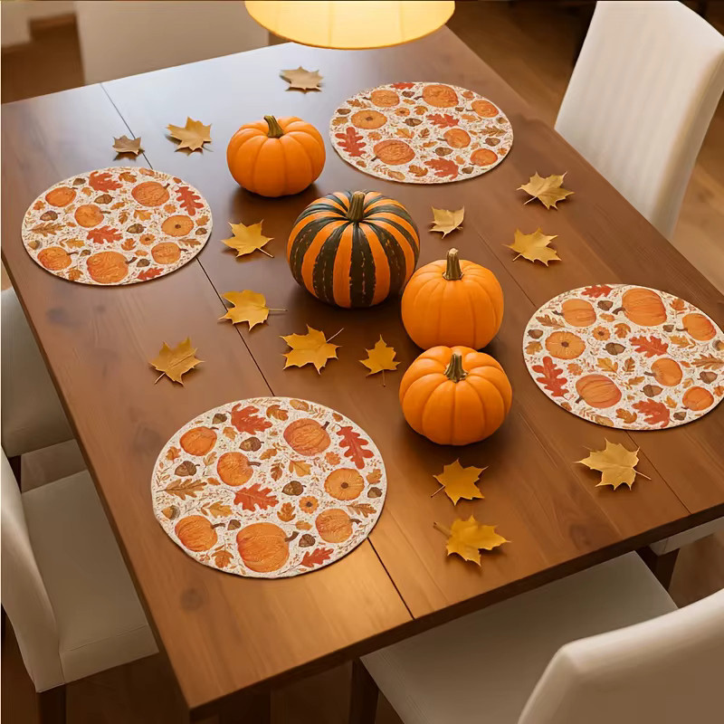 VIKAMA 4er Set Halloween Tischsets mit Kürbis und Eichel Motiv in Mehrfarben, rund, Herbst Dekoration - Bild 4