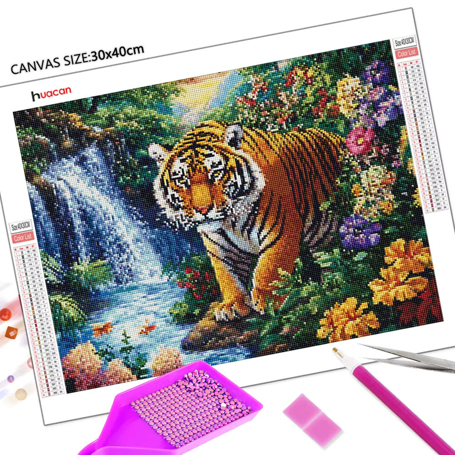 Huacan Diamantmalerei Tiger am Wasserfall als Diamant-Mosaik Set in Multicolor, B/H: 30 x 20 cm - Bild 2