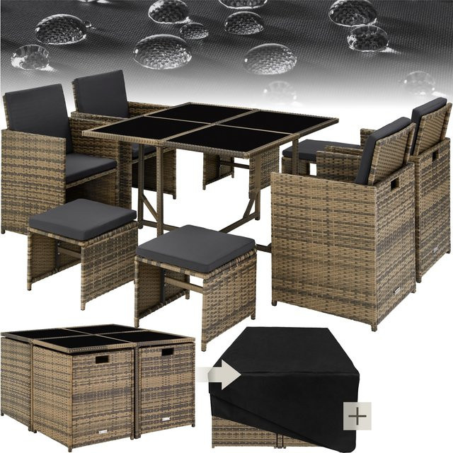 tectake Rattan Sitzgruppe Bilbao für 4 bis 8 Personen in Braun und Beige mit Polstern und Flechtmuster, B/T/H: 53 x 53 x 87 cm - Bild 1