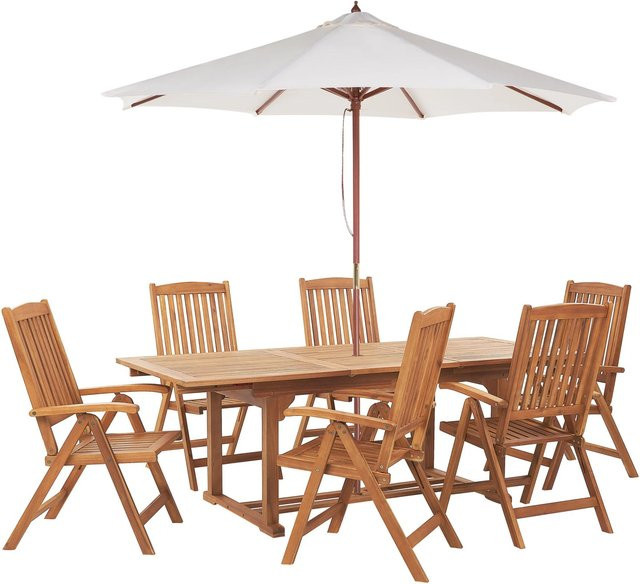 Beliani Gartentisch Set JAVA in hellem Holzfarbton und Beige B/T/H: 160 x 90 x 74 cm - Bild 1