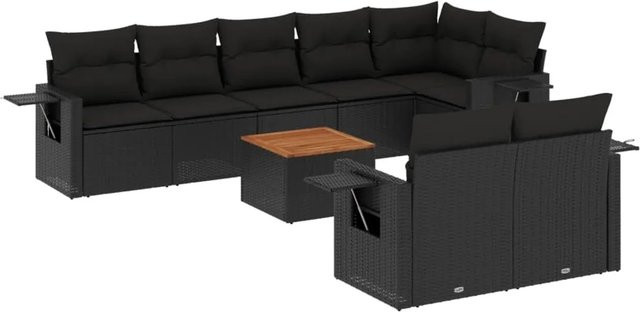 vidaXL 9-tlg Garten-Sofagarnitur in L-Form aus Polyrattan und Akazienholz mit Kissen in Schwarz - Bild 1