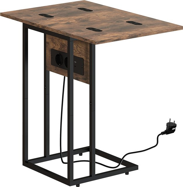 HOMCOM Beistelltisch C-förmig in Rustikal Braun mit Steckdosenleiste, klappbarer Couchtisch mit Metallbeinen für Wohnzimmer und Schlafzimmer, B/T/H: 39 x 29 x 57 cm - Bild 1