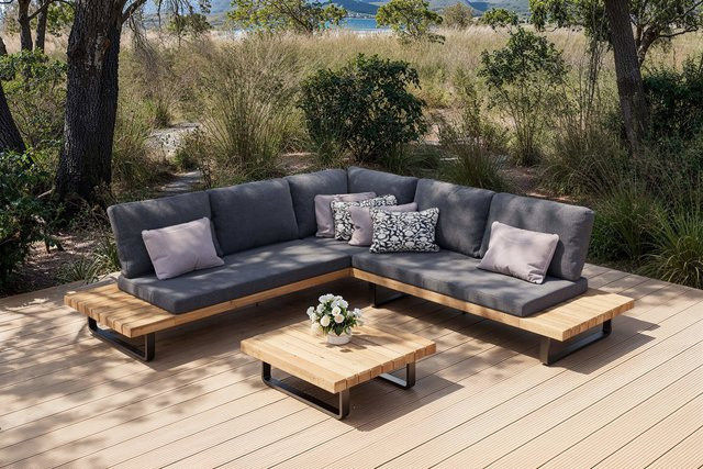 OUTFLEXX Bahamas Ecklounge für 5-6 Personen in Anthrazit mit Kaffeetisch aus Aluminium und Akazienholz - Bild 1