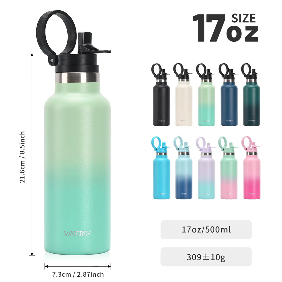 WATERSY Doppelwandige vakuumisolierte Edelstahl-Wasserflasche mit Strohhalm und Griff, 500ml, Blau/Grün - Bild 5