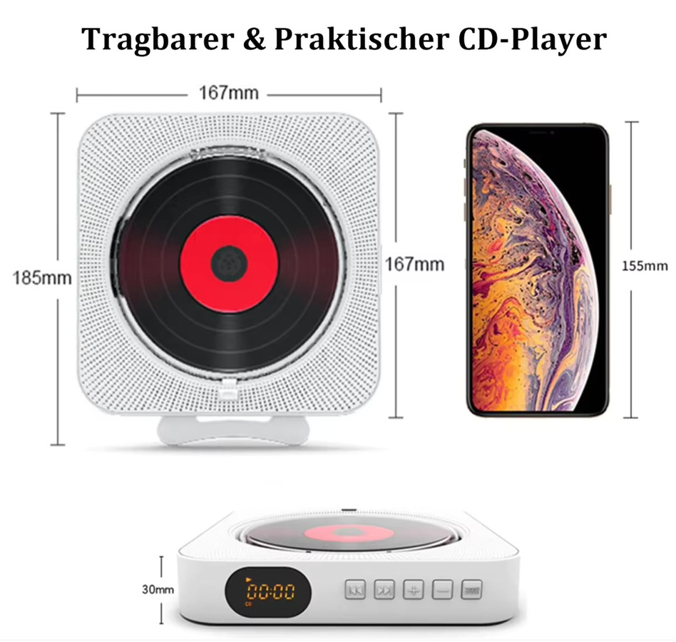 Bytelike CD Multimedia Player mit Bluetooth 5.0, FM-Radio, USB/TF-Anschluss und Timer-Schaltung, wiederaufladbar, in Pink oder Weiß - Bild 2