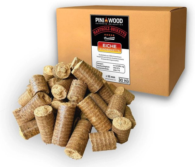 PINI Hartolzbriketts aus 100% Eiche, 30 kg Brennholz für Kamin, Ofen und Grill mit langer Brenndauer - Bild 1