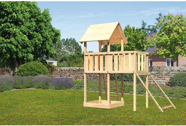 Karibu Spielturm Lotti mit Anbauplattform und Netzrampe - Bild 1