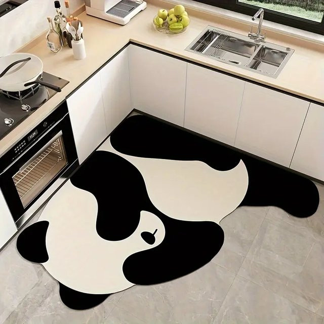 VIKAMA Panda Küchenbodenmatte in Schwarz, wasserabsorbierend und schnell trocknend, unregelmäßiger L-förmiger Teppich - Bild 1