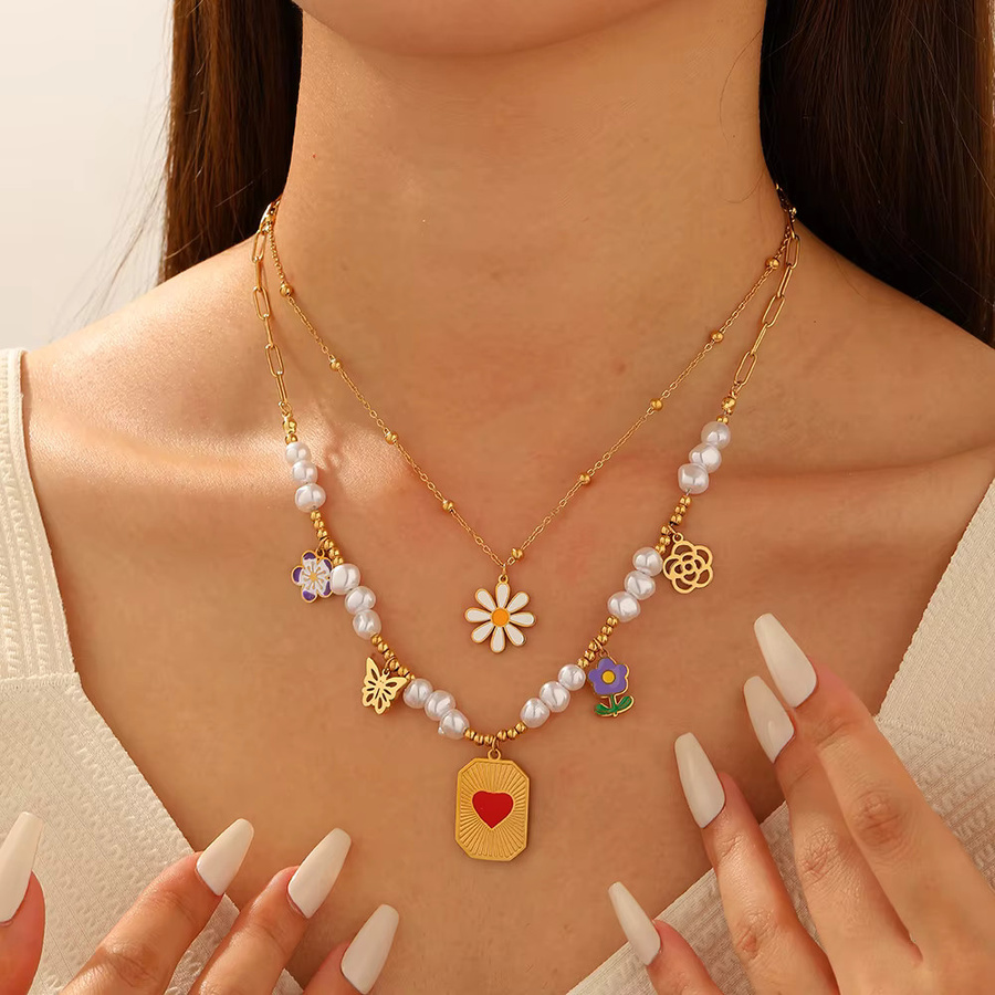 xiyanike Halskette 2-Schicht, Edelstahl, Perle, Gold, Damen - Bild 3