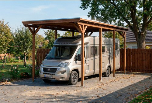 SKANHOLZ Caravan-Carport Emsland aus Fichte mit Stahl-Flachdach in Nussbaum Braun, B: 402 cm, T: 373 cm, H: 846 cm - Bild 1