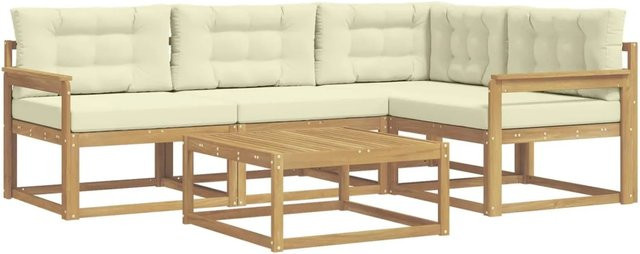 vidaXL Outdoor-Sofagarnitur aus Akazienholz in L-Form mit 5 Teilen, Weiß und Beige, B/T/H: 79 x 79 x 37 cm - Bild 1