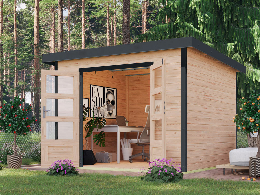 KARIBU Gartenhaus Premium Hybrido in Natur und Anthrazit mit Zylinderschloss und 3 Schlüsseln - Bild 2