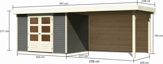 Gartenhaus ASKOLA 4 in Terragrau mit 280 m Anbaudach und Rückwand, Wandstärke: 19 mm, Breite: 302 cm, Tiefe: 217 cm - Bild 1