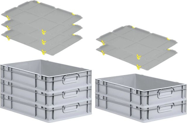 PROREGAL SparSet 5x Eurobox NextGen Grip mit Auflagedeckel in Grau, 23 Liter, H x B x T: 12 x 40 x 60 cm, mit verstärkten Wänden und 4 gelben Schiebeschnappverschlüssen - Bild 1