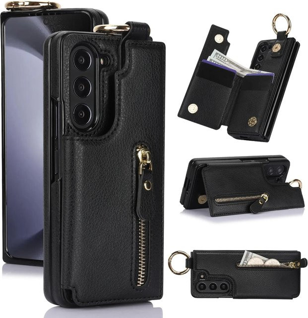 Lederhülle mit Kartenetui, Fingerring und Lederständer für Samsung Galaxy Z Fold 3 4 5 6 5G, Schwarz - Bild 1