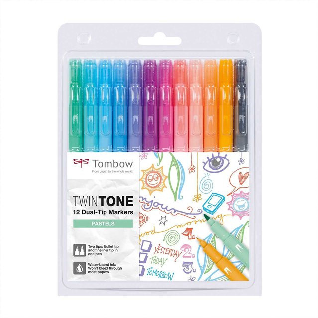 Tombow TwinTone Pastels Multicolour Tintenmarker Set mit feiner Spitze für Erwachsene, 12 Stück - Bild 1