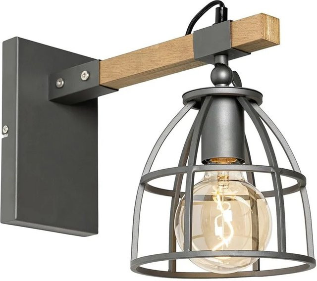 QAZQA Industrielle Wandleuchte Arthur aus Metall und Holz in Dunkelgrau und Braun, verstellbar und dimmbar - Bild 1