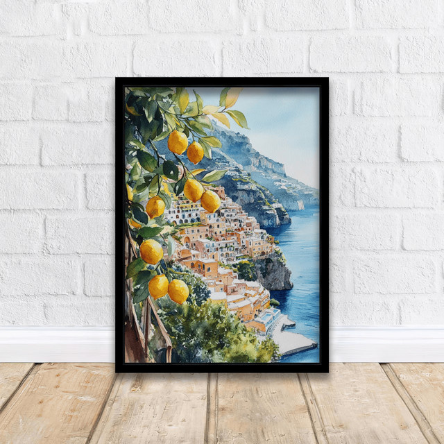 Aquarell Kunstdruck Positano Italien Landschaft Wanddekoration Amalfi Küste Mehrfarbig - Bild 1