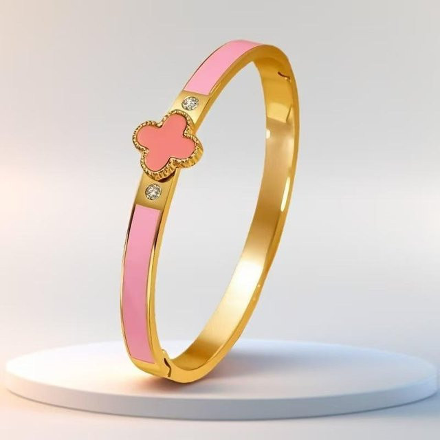 Global Finds Armband Edelstahl, Diamant, Kleeblatt-Verschluss, Damen, Gold - Bild 1