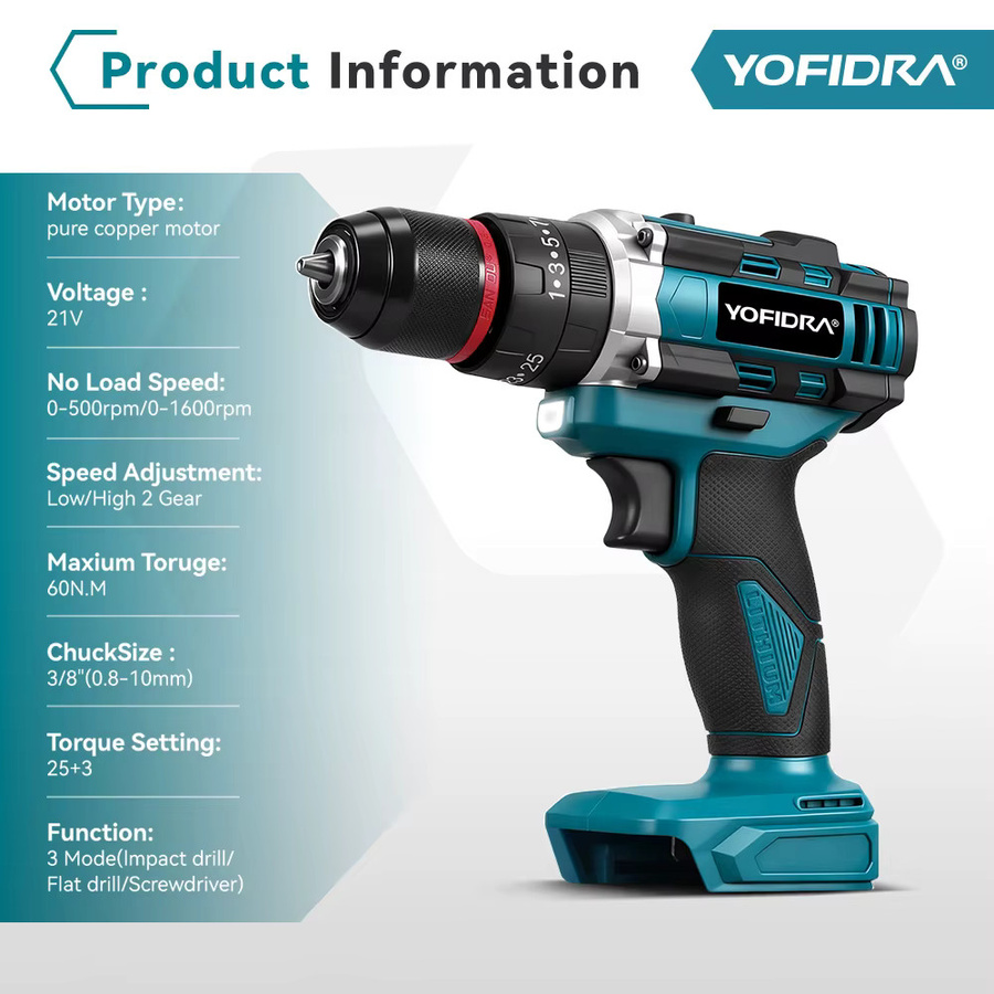 YOFIDRA 3in1 Akku-Schlagbohrmaschine und Drehmoment-Schrauber Set mit 25+3 Stufen, kompatibel mit Makita 21V Akkus - Bild 2