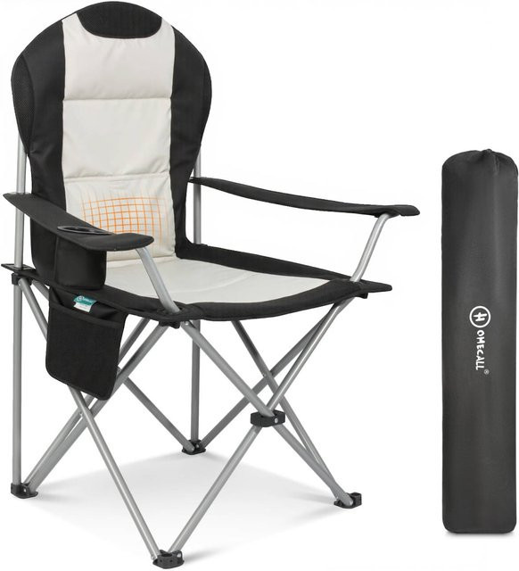 HOMECALL Klappbarer Campingstuhl als Hochlehner Angelstuhl mit Getränkehalter aus 600D Oxford-Gewebe und Stahl, weiß/schwarz - Bild 1