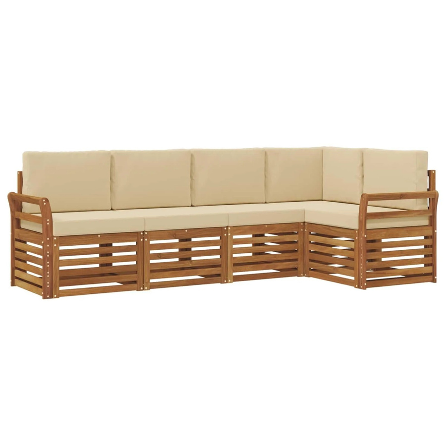 vidaXL Sofagarnitur 5-teilig aus Massivholz Akazie in Natur und Beige mit L-Form und Polsterkissen - Bild 2