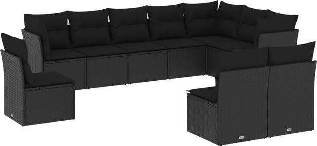 vidaXL 10-tlg Garten-Sofagarnitur in U-Form aus Polyrattan mit Kissen und Stauraum, Schwarz - Bild 1