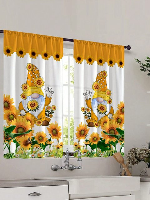 2er-Set Yiran Furniture Kurzvorhänge mit Sonnenblumen-Print und Karomuster, bunt, B/H: 70 x 150 cm - Bild 1