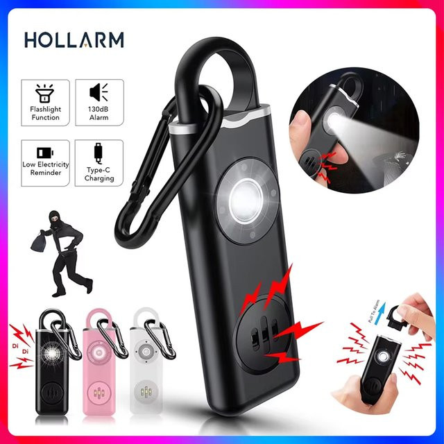 Hollarm Selbstverteidigungsalarm in Schwarz mit 130 dB Sirene und LED-Licht als wiederaufladbarer Schlüsselanhänger für Frauen, Kinder und Senioren - Bild 1