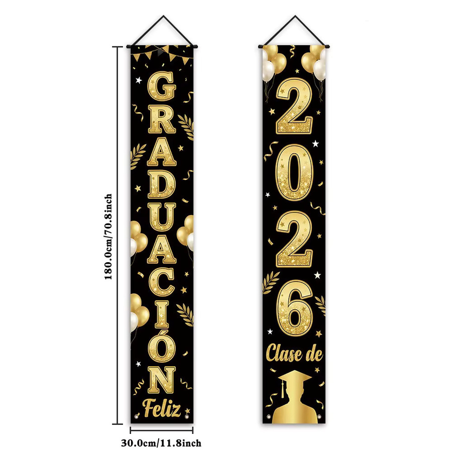 OURFETE Feliz Graduación Türbanner-Set für die Abschlussfeier 2026, Spanisches Graduierungsbanner in Schwarz und Gold zur Veranda-Dekoration - Bild 6