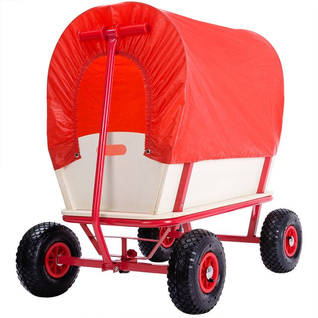 Monzana Bollerwagen aus Holz in Braun und Rot mit Schutzdach, B/T/H: 168 x 99 x 61 cm - Bild 1