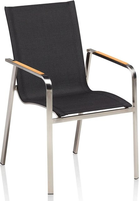 Kettler Diamond Stapelsessel aus Teakholz und gebürstetem Edelstahl mit Armlehnen und Outdoorgewebe in Grau und Schwarz, B/T/H: 62,0 x 57,5 x 90,0 cm - Bild 1