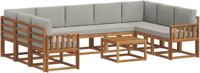 vidaXL 10-teilige Outdoor-Sofagarnitur aus Akazienholz mit Kissen in Natur und Hellgrau - Bild 1