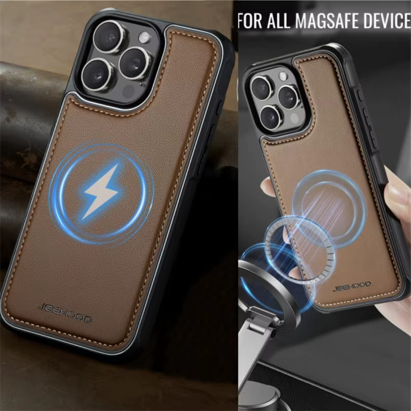 HAZZEL Magnetische PU-Leder Schutzhülle für iPhone 17e 17 16 15 14 13 12 11 ProMax Stoßfeste Hülle für Damen und Herren in Purple und Brown - Bild 1