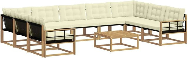 vidaXL Outdoor-Sofagarnitur aus massivem Akazienholz mit Textilene und Kissen, 10-teiliges Set, Weiß und Beige - Bild 1