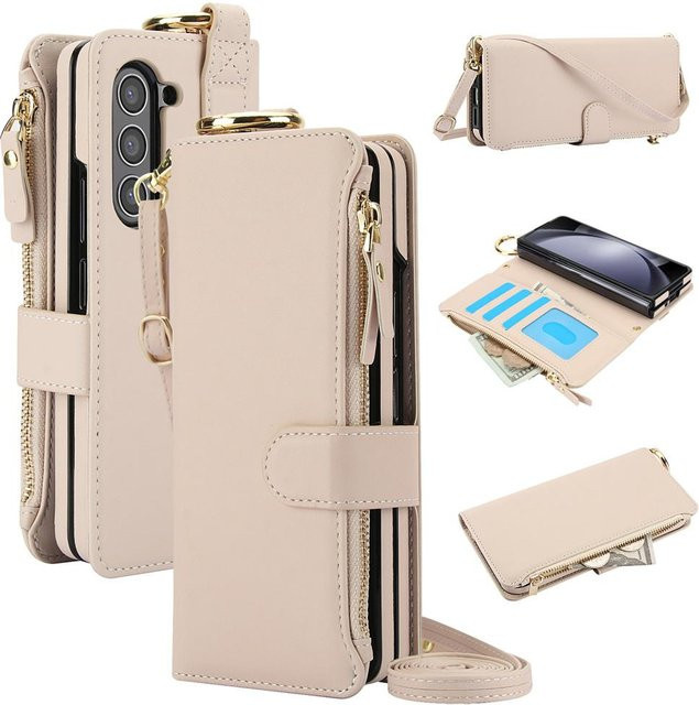 Umhängetasche Handyhülle aus PU Leder mit Kartenfach und Ringhalter für Samsung Galaxy Z Fold 6 5 4 3 5G in Beige - Bild 1