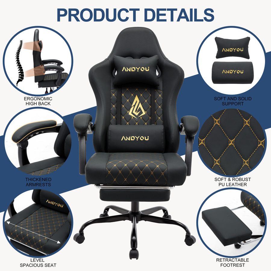 ANDYOU Ergonomischer Gaming Chair im Racing-Style aus PU-Leder, Schwarz, mit Kopfstütze und Armlehnen - Bild 2