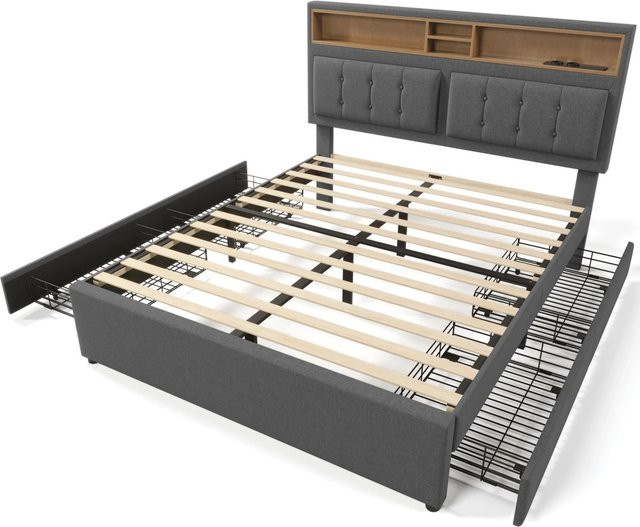 Merax Polsterbett mit 4 Schubladen und USB-C Ladestation, B/T/H: 140 x 200 x 45 cm - Bild 1