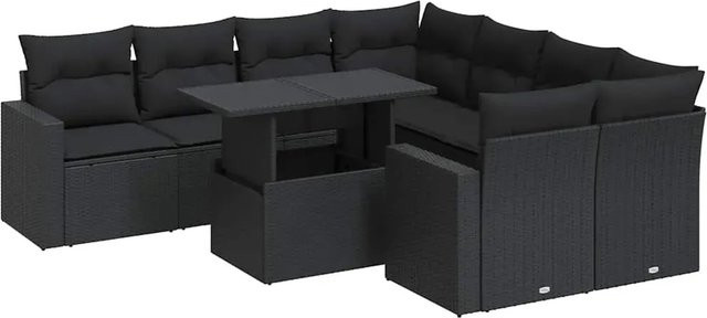 vidaXL 9-teilige Garten-Sofagarnitur aus Poly-Rattan mit Kissen in Schwarz - Bild 1