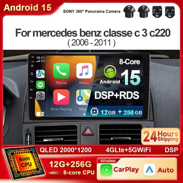 TIEYEZ Android 15 Multimedia Stereo Player für Mercedes Benz C Klasse W204 S204 (2006-2011) mit Carplay, GPS, 4G und WIFI in Schwarz - Bild 1