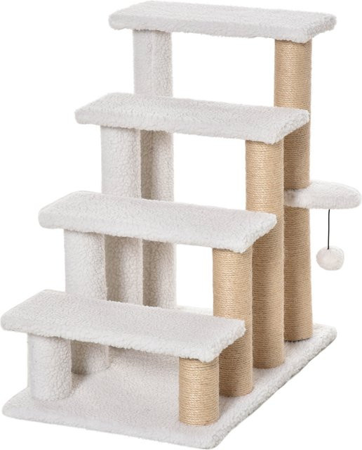 PawHut Haustiertreppe mit Kratzbaum für Katzen und Hunde, 4-stufige Treppe aus Spanplatte und Plüsch mit Jute, Weiß, B/T/H: 60 x 40 x 64 cm - Bild 1
