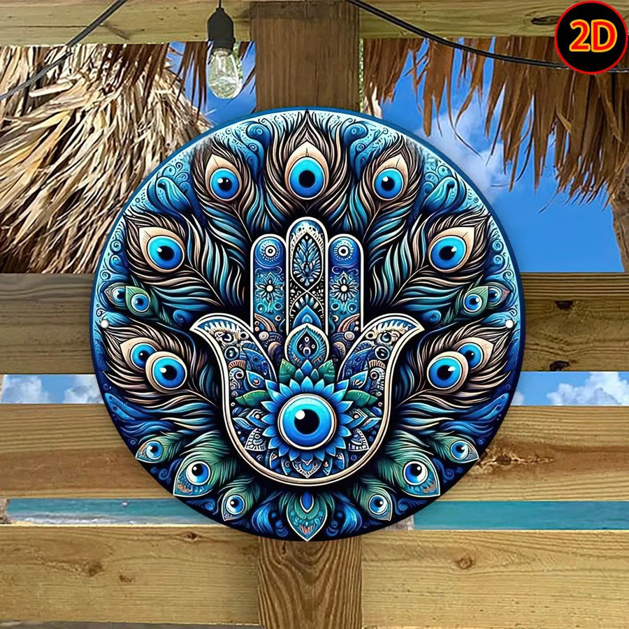 CIFBUY Vintage Hamsa Hand Wandkunst aus Metall in Blau und Türkis mit Pfauenfeder-Design und floralem Ornament - Bild 4