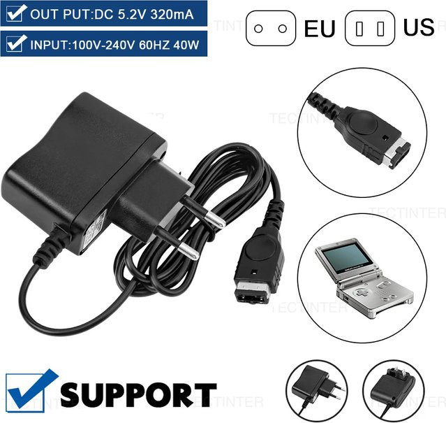 TECTINTER Netzteil für Gameboy Advance SP und Nintendo NDS, EU/US Stecker, Schwarz - Bild 1