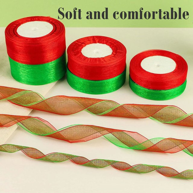 SUNEEYDAY Chiffon Organza Band aus Polyester in Rot und Grün, 50 Yards für DIY Handwerk, Weihnachts- und Hochzeitsdekoration sowie Geschenkverpackungen - Bild 1