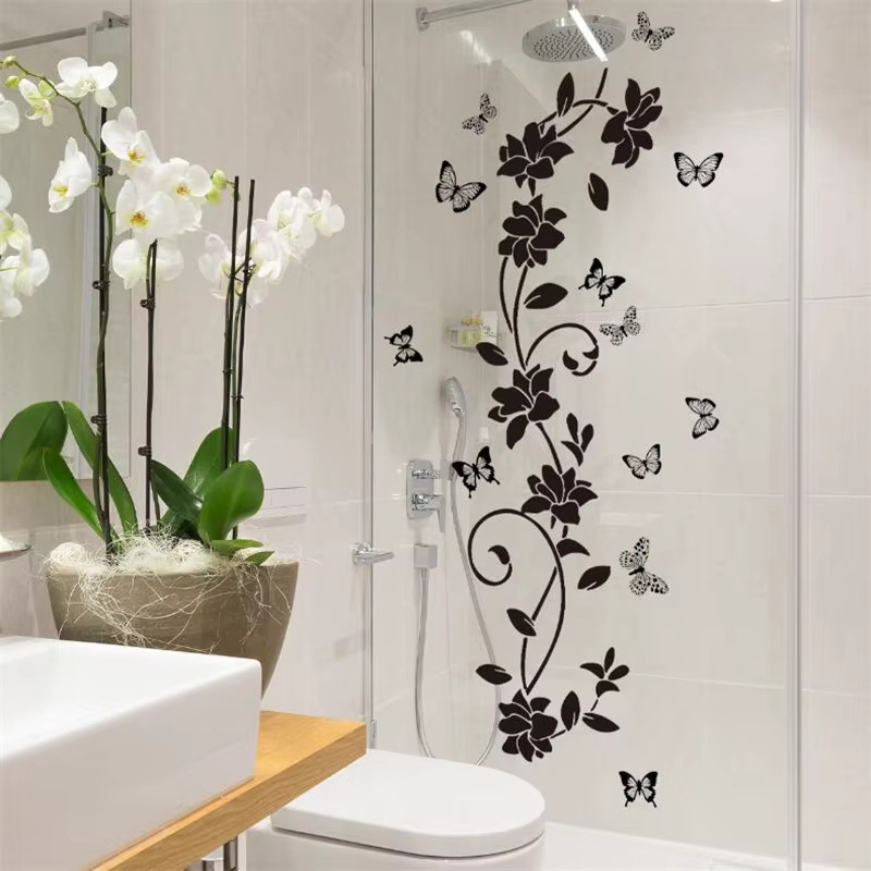 Selbstklebender Wandaufkleber von HANDANWEIRAN mit schwarzen Blumen und Schmetterlingen, dekoratives Wandtattoo für Badezimmer, Schlafzimmer oder Glastüren, Breite: 90 cm, Höhe: 30 cm - Bild 3
