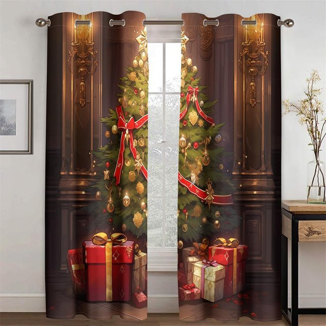 2er-Set Weihnachts Vorhänge im Märchenschloss-Design, halbtransparent, mehrfarbig, B: 50 cm, H: 130 cm - Bild 1