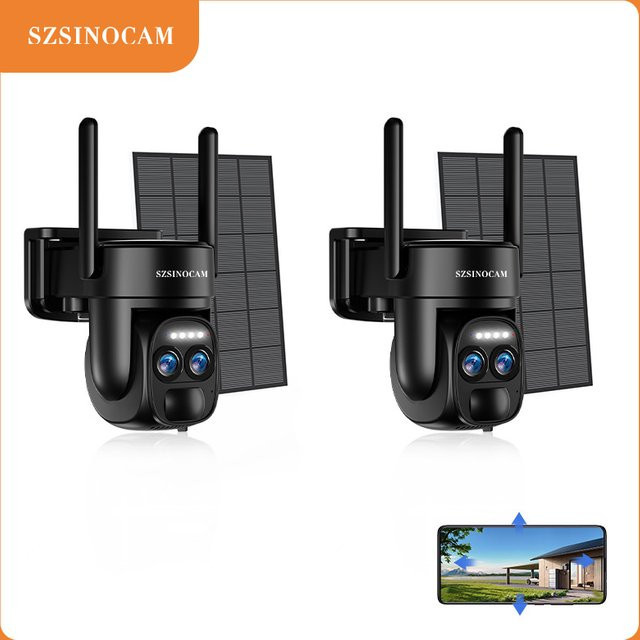 SZSINOCAM 2er-Set WLAN PTZ Außenkamera mit integriertem Akku und Solarpanel, kabellose HD IP-Videoüberwachungskamera in Schwarz - Bild 1