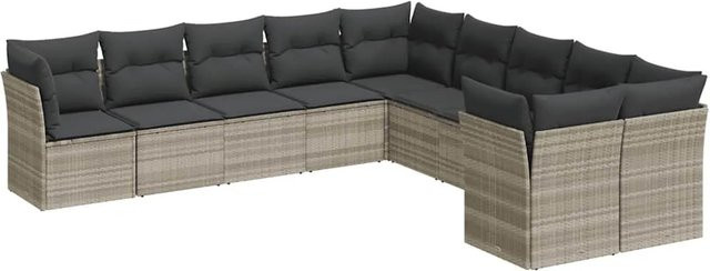 vidaXL 10-tlg. Garten-Sofagarnitur in L-Form mit Kissen, Hellgrau, Poly-Rattan und Metallgestell - Bild 1