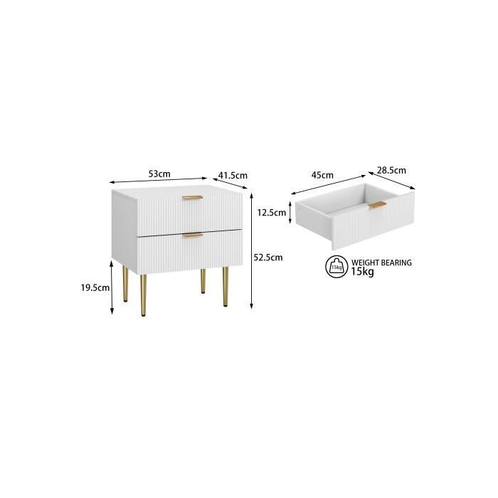 Modern Nachttisch MUVOE aus Massivholz mit 2 Schubladen und Metallfüßen in Weiß, B/T/H: 41,5 x 41,5 x 2,0 cm - Bild 2